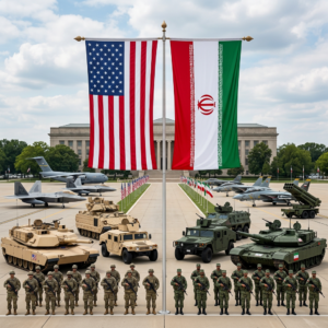 Symmetric US and Iran flags with military assets