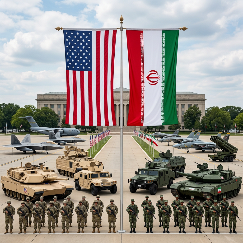 Symmetric US and Iran flags with military assets